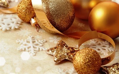 golden Christmas decorations, golden star, New Year, Christmas, golden Christmas balls, Merry Christmas