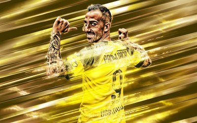 Paco Alcacer, Francisco Alcacer Garcia, creative art, ter&#228;t tyyli, Espanjan jalkapalloilija, Borussia Dortmund, Bundesliiga, Saksa, keltainen luova tausta, jalkapallo