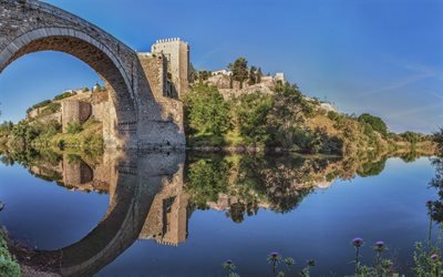 Toledo, Puente de Alcantara, Roman arch bridge, Tagus River, summer, old town, cityscape, Landmark, Spain