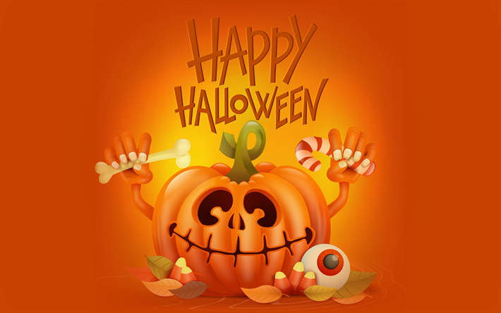 4k, Halloween, pumpkin, minimal, Happy Halloween, orange background
