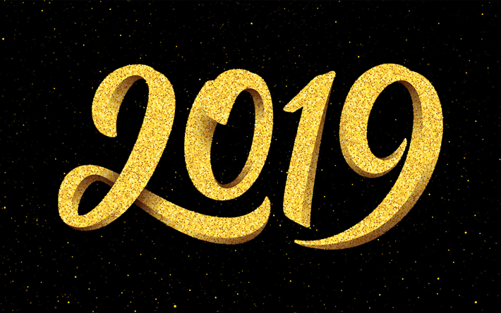 2019 yılı, altın 3d sanat, altın numaraları, 2019 kavramlar, ışıltılı, Mutlu yıllar