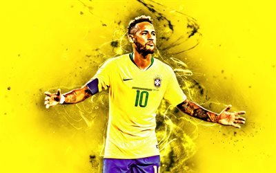 Neymar, alegria, estrelas do futebol, A Sele&#231;&#227;o Do Brasil, f&#227; de arte, fundo amarelo, Neymar JR, futebol, criativo, luzes de neon, Time de futebol brasileiro