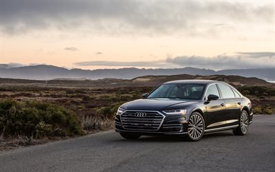 Audi A8, 2019, sedan, business class, siyah yeni A8, dış, Alman otomobil, Audi