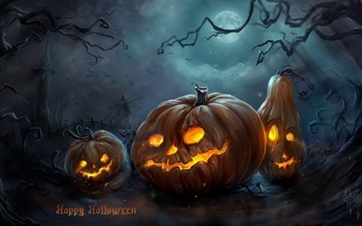 Happy Halloween, darkness, scary pumpkins, forest, creative, Halloween