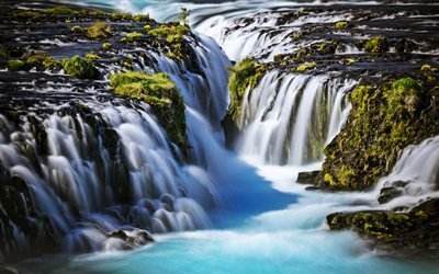 Bruarfoss Waterfall, icelandic landmarks, summer, cliffs, HDR, Brekkuskogur, Iceland, Europe