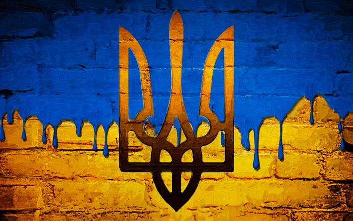 Flag of Ukraine, arms of Ukraine, brick wall, paint, Ukrainian flag, symbols of Ukraine, Ukrainian coat of arms, creative