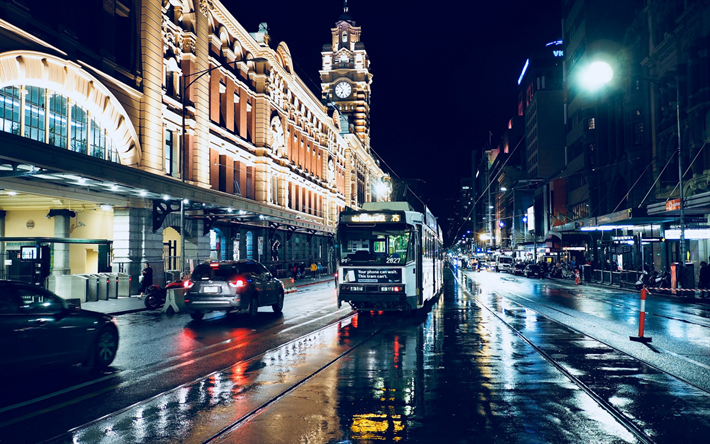 Melbourne, ruas, el&#233;ctrico, noite, luzes da cidade, Austr&#225;lia