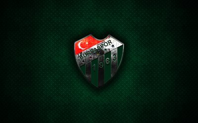 Bursaspor, 4k, logo de metal, arte creativo, turco, club de f&#250;tbol, con el emblema de metal verde de fondo, Bursa, Turqu&#237;a, el f&#250;tbol, el Bursaspor FC