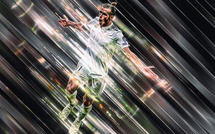Gareth Bale, yaratıcı sanat, stil, Galli futbolcu, Real Madrid, UEFA Şampiyonlar Ligi, İspanya, siyah, yaratıcı arka plan, futbol bı&#231;akları