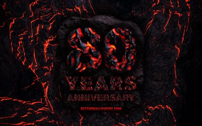 4k, 80 Years Anniversary, fire lava letters, 80th anniversary sign, 80th anniversary, grunge background, anniversary concepts