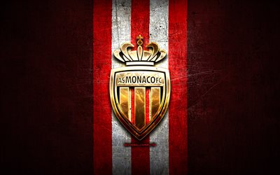 Monaco, altın logo 1 İzle, kırmızı metal arka plan, futbol, Monaco FC, Fransız Futbol Kul&#252;b&#252; Monaco logo, futbol GİBİ, Fransa