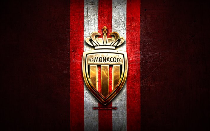 AS Monaco, golden logo, Ligue 1, red metal background, football, Monaco FC, french football club, AS Monaco logo, soccer, France