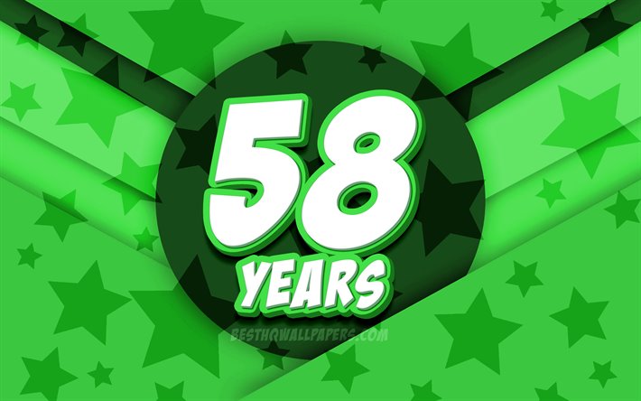 4k, 嬉しいの58歳の誕生日, コミック3D文字, 誕生パーティー, 緑の星の背景, 第58回誕生パーティー, 作品, 誕生日プ, 58歳の誕生日