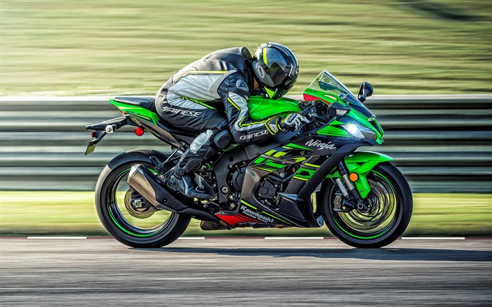2019, Kawasaki Ninja ZX-10R, vue de c&#244;t&#233;, noire-vert ZX-10R, sport moto, moto de course, japonais de motos, Kawasaki