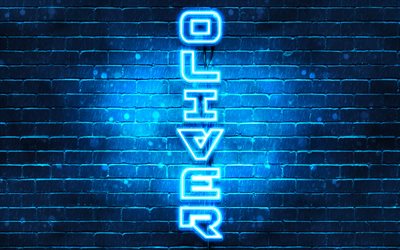 4K, Oliver, vertical text, Oliver name, wallpapers with names, blue neon lights, picture with Oliver name