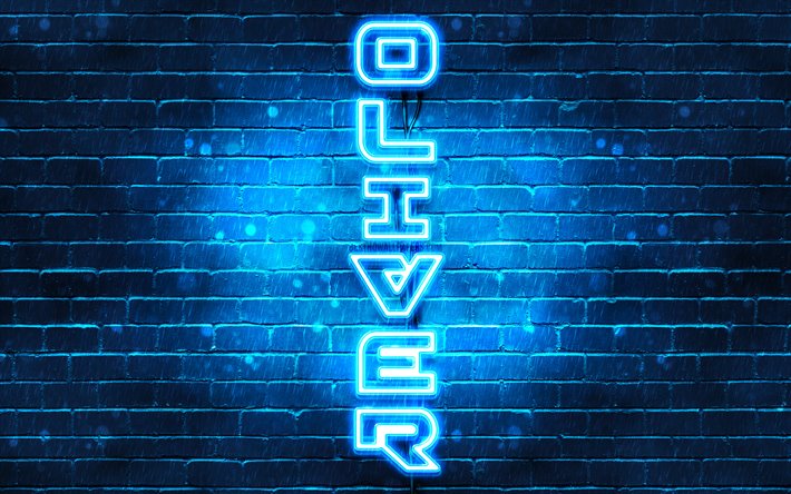 4K, Oliver, le texte vertical, Oliver nom, fonds d&#39;&#233;cran avec des noms, bleu n&#233;on, une photo avec le nom Oliver