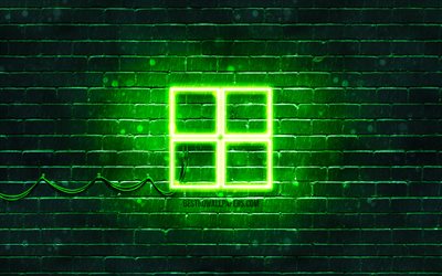 Microsoft green logo, 4k, green brickwall, Microsoft logo, brands, Microsoft neon logo, Microsoft