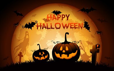 Happy Halloween, bats, moon, pumpkins, abstract art, Halloween