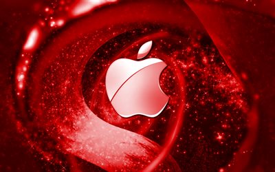 Apple red logo, space, creative, Apple, stars, Apple logo, digital art, red background