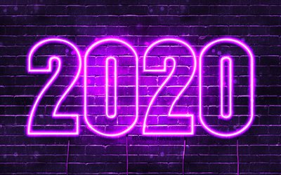 4k, Happy New Year 2020, violet brickwall, 2020 concepts, 2020 violet neon digits, 2020 on violet background, abstract art, 2020 neon art, creative, 2020 year digits