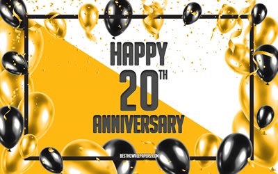 20周年記念, 記念日に風船の背景, 20周年記念サイン, 黄周年記念の背景, 黄黒の風船