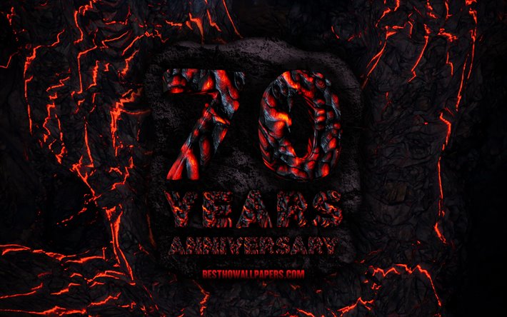 4k, 70 Years Anniversary, fire lava letters, 70th anniversary sign, 70th anniversary, grunge background, anniversary concepts