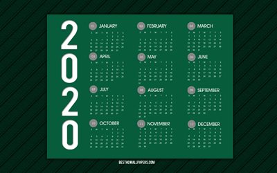 Verde 2020 calendario, pelle verde, sfondo, 2020 tutti i mesi del calendario, creativo, 2020 concetti, 2020 calendario