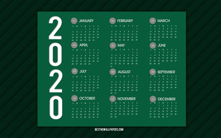 Vihre&#228; 2020 kalenteri, vihre&#228; nahka tausta, 2020 kaikki kuukauden kalenteri, luova tausta, 2020 k&#228;sitteit&#228;, 2020 kalenteri