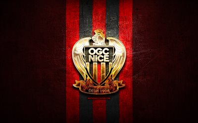 L&#39;OGC Nice, logo dorato, Ligue 1, rosso, metallo, sfondo, calcio, Bello FC, club di calcio francese, l&#39;OGC Nice, logo, Francia