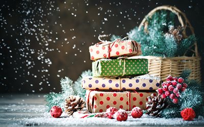 Buon Natale, 4k, scatole regalo, Felice Anno Nuovo, decorazioni di natale, Nuovo anno di concerti