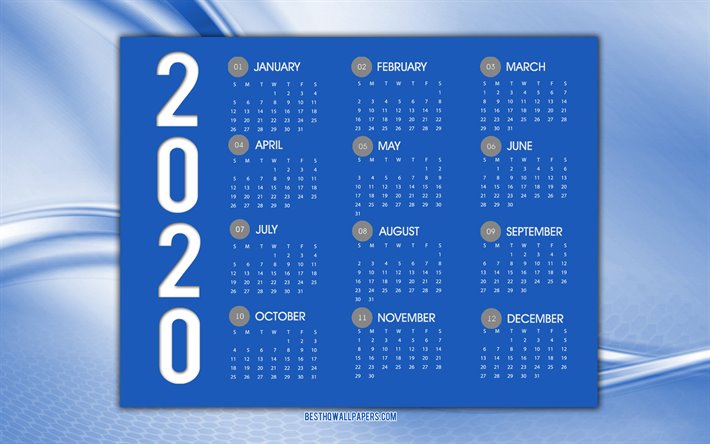 Sininen 2020 Kalenteri, 2020 Paperi kalenteri, sininen tausta, 2020 k&#228;sitteit&#228;, 2020 kaikki kuukauden kalenteri