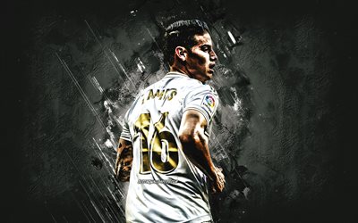 James Rodriguez, calciatore Colombiano, centrocampista offensivo, Real Madrid, Spagna, il calcio, La Liga, grigio creative stone sfondo, Rodriguez Reale