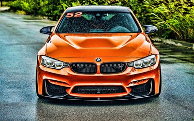 BMW M4, vista de frente, tuning, F82, 2019 coches, la lluvia, atentos m4, supercars, naranja m4, 2019 BMW M4, HDR, los coches alemanes, naranja f82, BMW
