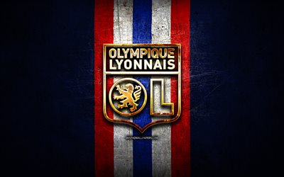 O Olympique Lyonnais, ouro logotipo, Liga 1, metal azul de fundo, futebol, O Olympique Lyonnais FC, clube de futebol franc&#234;s, O Olympique Lyonnais logotipo, Fran&#231;a, OL logotipo, Lyon