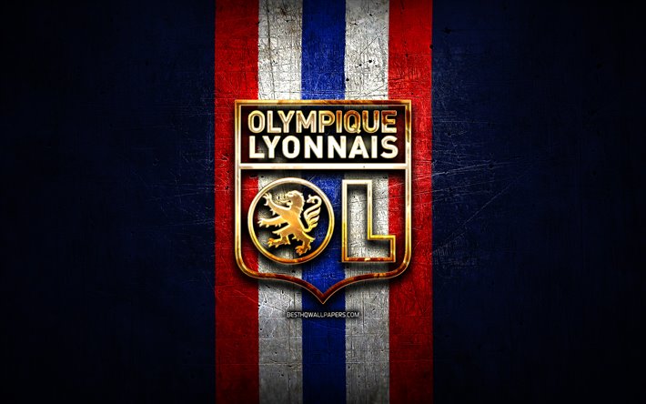 Download wallpapers Olympique Lyonnais, golden logo, Ligue 1, blue