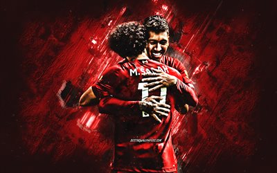 Mohamed Salah, Roberto Firmino, Liverpool FC, Premier Lig, İngiltere, futbol, yaratıcı kırmızı arka plan, takım liderleri, futbol yıldızları