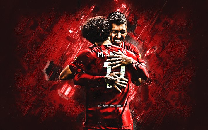 Mohamed Salah, Roberto Firmino, el Liverpool FC de la Premier League, Inglaterra, f&#250;tbol, creativa fondo rojo, l&#237;deres de equipo, las estrellas del f&#250;tbol