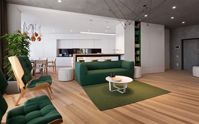 モダンなリビングルームのデザイン, スタイリッシュなインテリア, ロフトスタイル, リビング, 灰色のコンクリートの天井, キッチンの白い家具