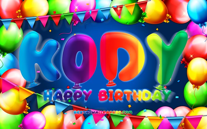 誕生日おめでとう, 4k, カラフルなバルーンフレーム, コディ名, 青い背景, コディの誕生日, 人気のあるアメリカ人男性の名前, 誕生日のコンセプト, コディ