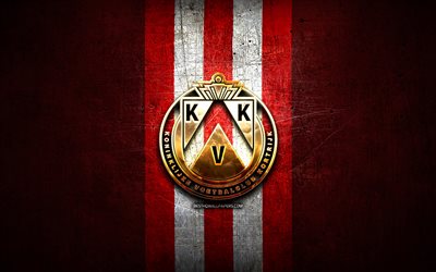 Kortrijk FC, golden logo, Jupiler Pro League, red metal background, football, belgian football club, KV Kortrijk logo, soccer, KV Kortrijk