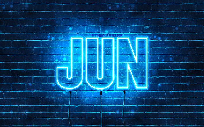 Buon Compleanno Jun, 4k, luci al neon blu, Jun nome, creativo, Jun Buon Compleanno, Jun Compleanno, nomi maschili giapponesi popolari, foto con nome Jun, Jun