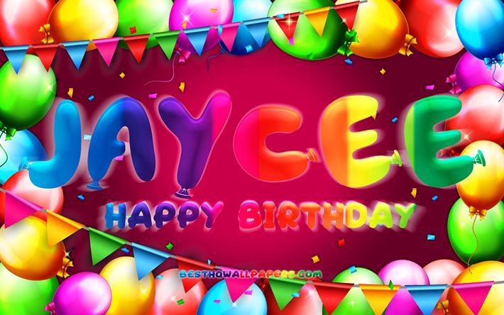 Happy Birthday Jaycee, 4k, colorful balloon frame, Jaycee name, purple background, Jaycee Happy Birthday, Jaycee Birthday, popular american female names, Birthday concept, Jaycee
