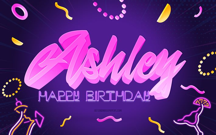 お誕生日おめでとうアシュリー, 4k, 紫のパーティーの背景, アシュリーCity in North Dakota USA, クリエイティブアート, アシュリーお誕生日おめでとう, アシュリーの名前, アシュリーの誕生日, 誕生日パーティーの背景