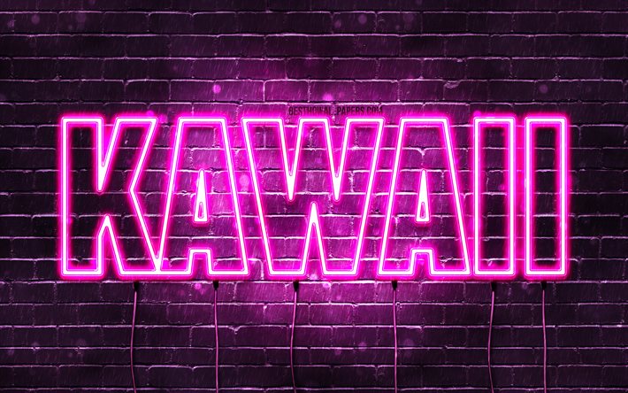 Happy Birthday Kawaii, 4k, pink neon lights, Kawaii name, creative, Kawaii Happy Birthday, Kawaii Birthday, popular japanese female names, picture with Kawaii name, Kawaii