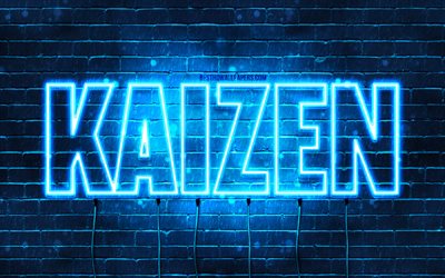 Happy Birthday Kaizen, 4k, blue neon lights, Kaizen name, creative, Kaizen Happy Birthday, Kaizen Birthday, popular japanese male names, picture with Kaizen name, Kaizen
