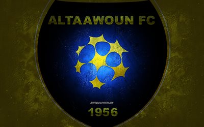 Al Taawon FC, time de futebol da Arábia Saudita, fundo amarelo, logotipo do Al Taawoun FC, arte do grunge, Saudi Pro League, Buraidah, futebol, Arábia Saudita, emblema do Al Taawoun FC