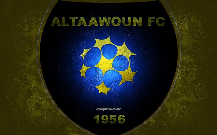 Al Taawon FC, Saudi Arabia football team, yellow background, Al Taawoun FC logo, grunge art, Saudi Pro League, Buraidah, football, Saudi Arabia, Al Taawoun FC emblem