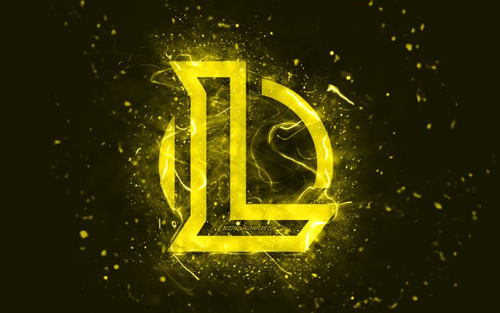 League of Legends yellow logo, 4k, LoL, yellow neon lights, creative, yellow abstract background, League of Legends logo, LoL logo, online games, League of Legends