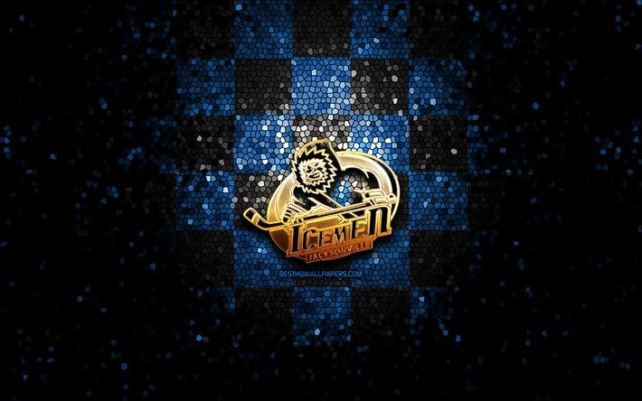 Jacksonville IceMen, glitterlogo, ECHL, sininen musta ruudullinen tausta, j&#228;&#228;kiekko, amerikkalainen j&#228;&#228;kiekkojoukkue, Jacksonville IceMen -logo, mosaiikkitaide