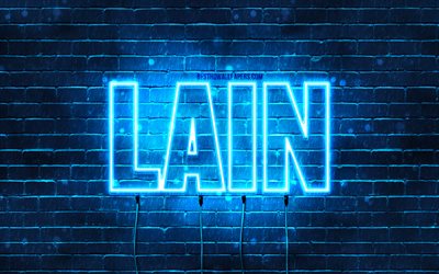 Feliz Anivers&#225;rio Lain, 4k, luzes de n&#233;on azuis, Nome Lain, criativo, Anivers&#225;rio Lain, nomes masculinos japoneses populares, imagem com o nome Lain, Lain